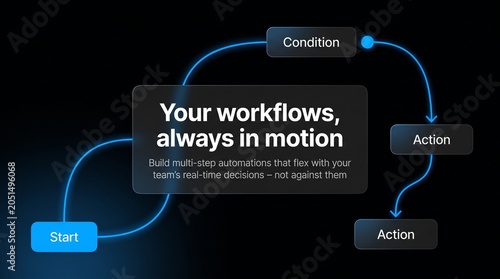 Workflow automation diagram with glowing lines as a flat digital illustration.