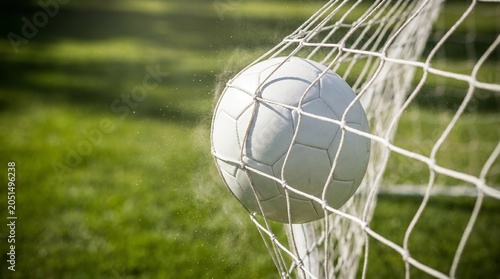 Soccer ball hitting the white goal net on a green grass field outdoor stadium