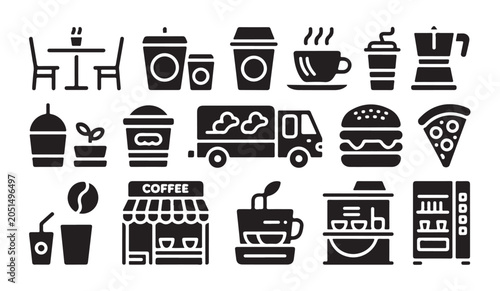 Obraz na płótnie Graphic set of coffee related icons including coffee shops cups trucks and bean symbols