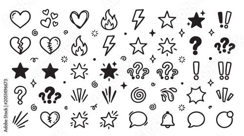 40 Black and White Icon Set, Hand Drawn Symbols, Emojis, and Signs, Vector Graphics