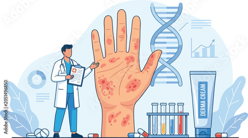 Foto Dermatology and skin disease treatment concept with doctor diagnosing hand rash