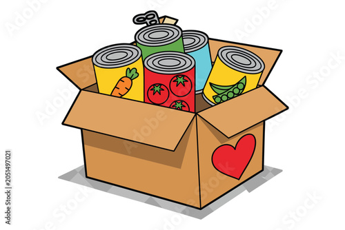 Food donation box canned goods community support local charity event social help volunteer assistance vector illustration