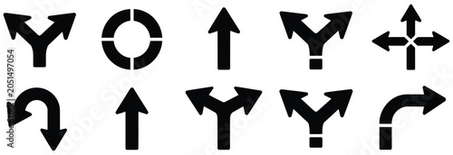 Schilderij op canvas Road Traffic Direction Arrows Flat Set Showing U Turn Left Right Two Way Three W