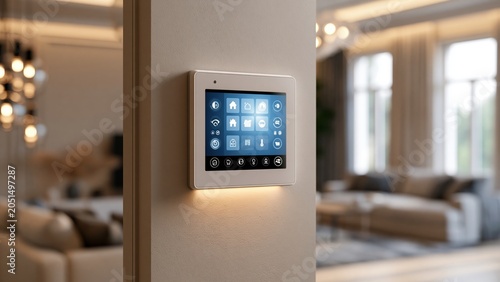 Home security control panel on wall in modern smart living room