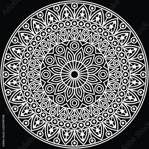 A beautifully detailed decorative mandala design created with intricate floral and geometric elements arranged in a perfectly balanced circular composition.
