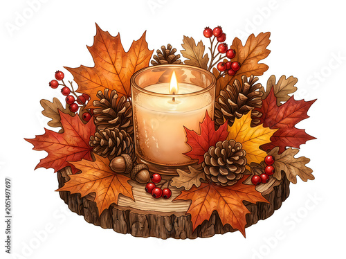 Autumn candle in decorative leaf wreath arrangement