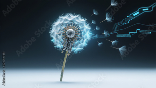 Futuristic mechanical dandelion with glowing blue circuit trails, sci-fi steampunk plant with floating seeds