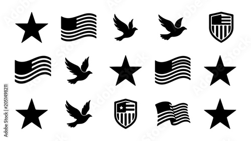 Set of black patriotic icons with american flags, stars, flying doves, and shields for fourth of july or memorial design
