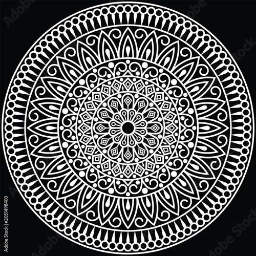 A beautifully detailed decorative mandala design created with intricate floral and geometric elements arranged in a perfectly balanced circular composition.
