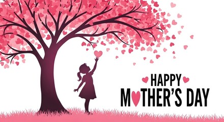 Happy mother's day greeting card with silhouette of girl and tree