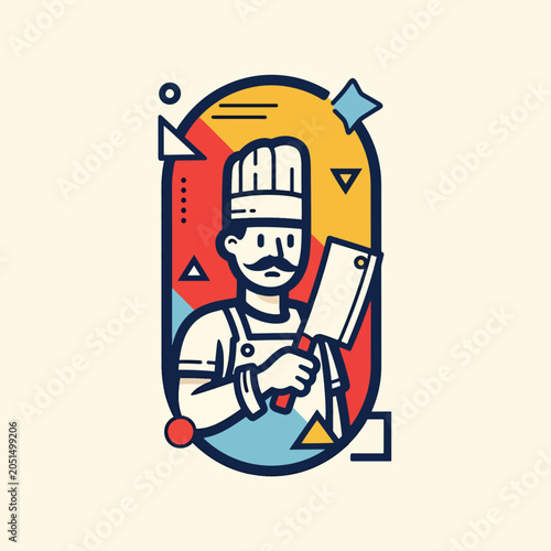 Stylized graphic illustration of a professional chef holding a meat cleaver.