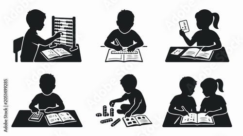 Black Children Silhouettes Studying Math with Abacus Ruler and Calculator on White Background