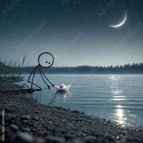 A stick figure delicately releases a small paper boat adorned with a red heart onto a peaceful lake beneath a starry sky, illuminated by the gentle glow of a crescent moon