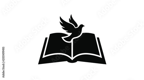 Schilderij op canvas Black Silhouette of an Open Book with a Flying Dove Above it on a Solid Black Ba