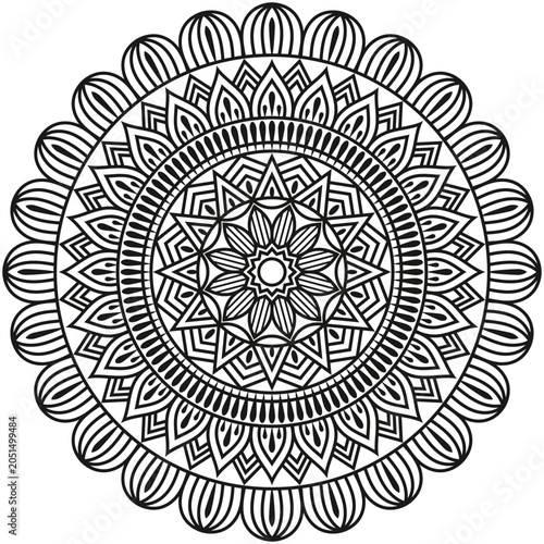 A beautifully detailed decorative mandala design created with intricate floral and geometric elements arranged in a perfectly balanced circular composition.
