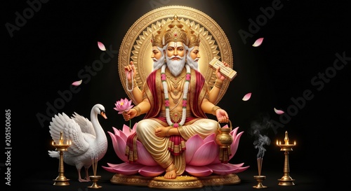 Four faced Hindu deity Brahma sits cross legged on a pink lotus flower holding prayer beads and a book with a white swan nearby