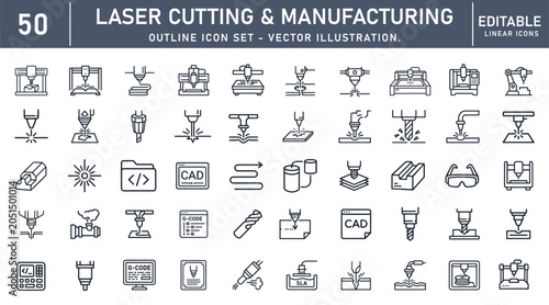 Laser Cutting icon set. Industrial production related line icons: laser cutter, CNC machine, metal fabrication, welding process, engineering tools, factory equipment and more. Editable line vector 