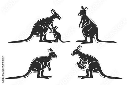 Obraz na płótnie Four kangaroos with joey hopping black and white vector