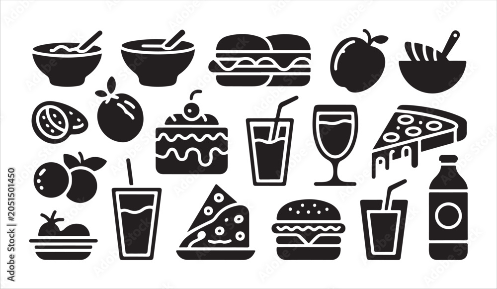 Obraz premium Set of minimalist black food and beverage icons isolated on a clean white background theme.