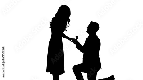 Cuadro en lienzo Man proposing to woman with ring silhouette isolated on transparent background,
