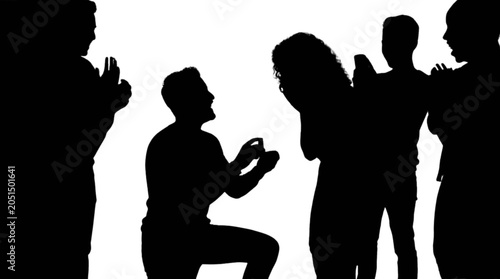Billede på lærred Man proposing to woman with friends cheering isolated on transparent background,