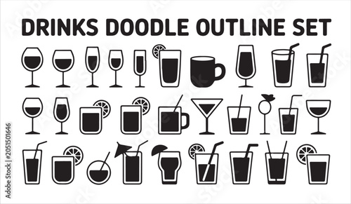 Tablou pe pânză Drinks doodle outline set with numerous beverage icons for menu design and social media