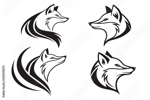 Four stylish fox heads in black and white