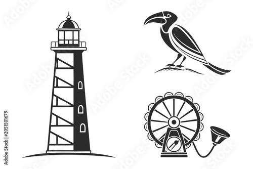 Black and white lighthouse, bird, and water wheel illustration