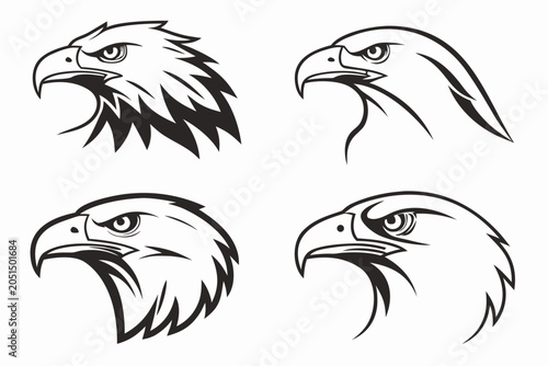 Four stylized bald eagle heads in black and white