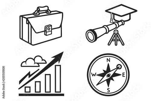 Four icons representing work, study, travel, and analysis
