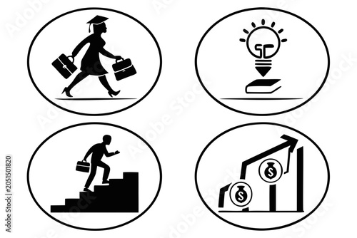 Four flat icons of business success and career growth