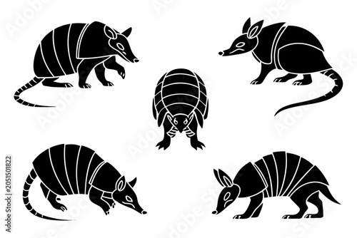 Black and white armadillo vector illustration set