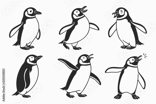 Six black and white penguins walking in a row