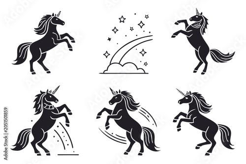 Six stylish black unicorns rearing in dynamic poses
