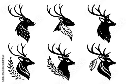 Six stylized deer heads in black and white