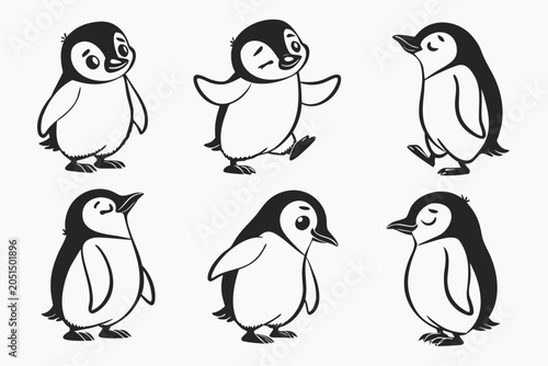 Six cartoon penguins walking in different poses