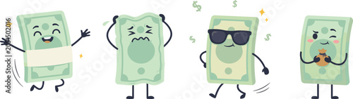 Foto Cute Money Character Vector Sticker Set with Funny Banknote Mascots Expressing H