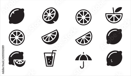 Schilderij op canvas Lemon fruit and citrus slice icon set with summer drink and umbrella vector illustration