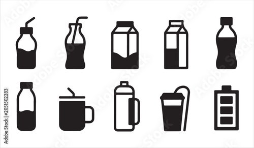 Photos Beverage bottle and carton container icons collection set for food industry application