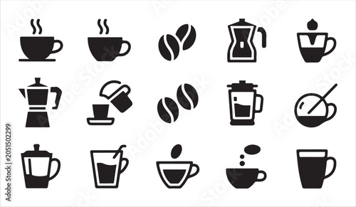 Obraz na płótnie Professional coffee icons set including beans machines and cups for brewing equipment