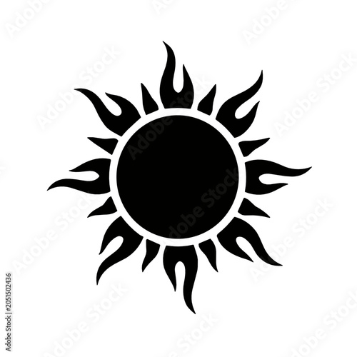 Black sun silhouette with dramatic flame-shaped wavy rays curling outward from a bold circle. Tribal and tattoo-style solar icon for energy and summer concepts.