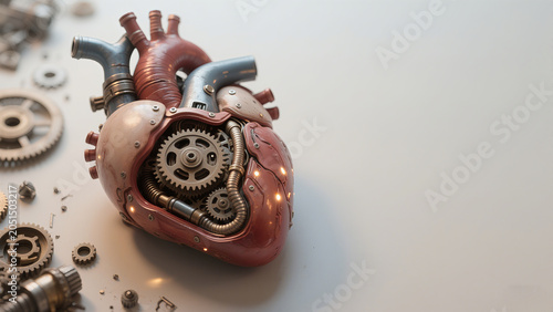 Steampunk mechanical human heart with exposed gears, vintage industrial cyborg organ design on light background