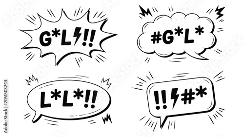 Obraz na płótnie Hand drawn comic speech bubbles censored swear symbols expressive dialogue pop art style vector illustration set