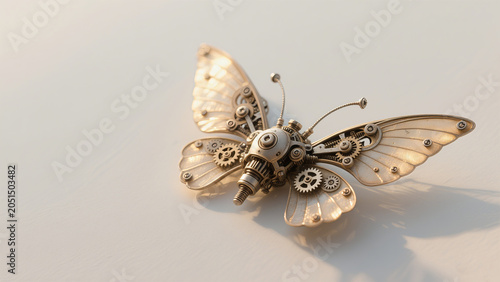 Steampunk mechanical butterfly with brass gears and transparent wings, vintage industrial fantasy design on soft warm background