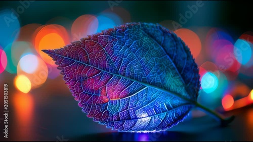 Vibrant leaf with intricate veins glowing in blue and pink hues against blurred colorful lights