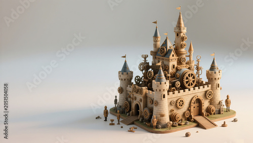 Steampunk fantasy castle model with exposed gears and towers, miniature mechanical fortress on clean light background