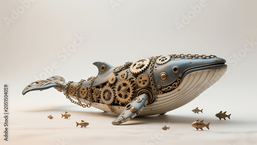 Steampunk mechanical whale sculpture with brass gears and chains, fantasy ocean creature design on clean light background