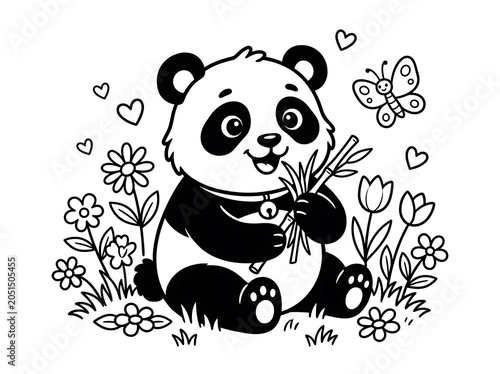 Cute panda bear holding bamboo shoots surrounded by flowers and hearts