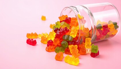 A spilling jar of brightly colored gummy bears in assorted fruit flavors scattered on a pink surface, invitingly showcasing sweet treats.