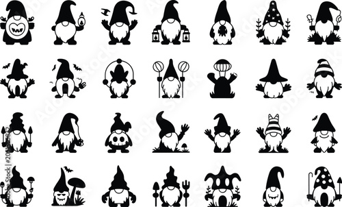 Принти на полотні Set of cute halloween gnome characters wearing pointy hats and carrying holiday